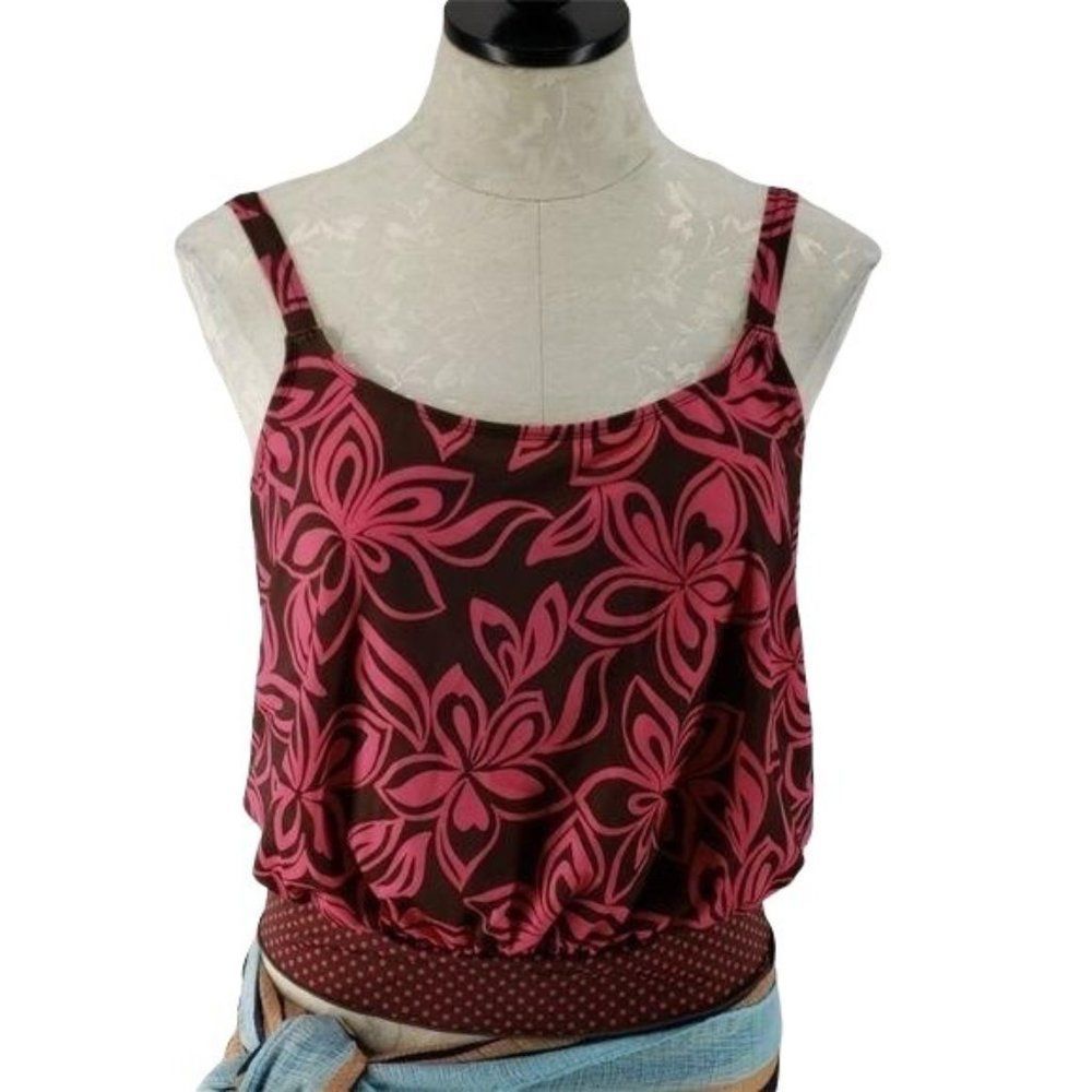 Kim Rogers Swim Tankini Top Medium Pink Brown Floral Blouson Polka Dot Band